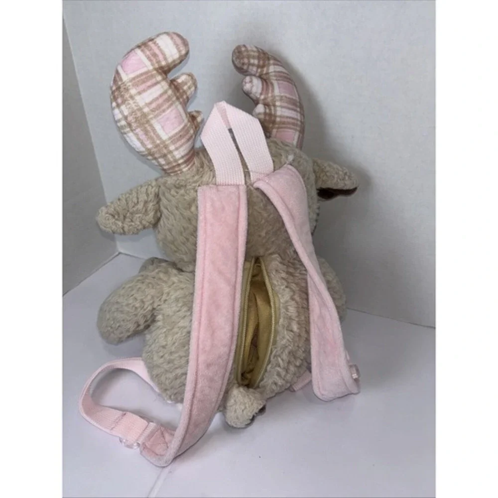 Tan Moose Plush Backpack‎ Pink Plaid Antlers Sherpa Faux Fur Stuffed Animal Bag